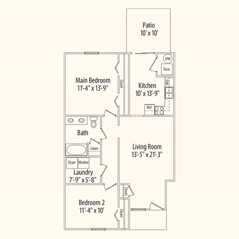Floor plan for 2 beds, 1 bath, 962 sqft